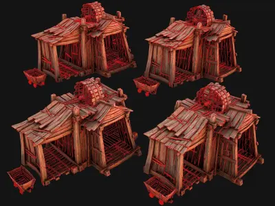 Medieval Mine Steampunk and Mining Cart Low-poly 3D model