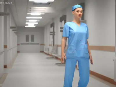  Emergency Nurse Figure Blood Stains T Pose Blue Fur Rigged 