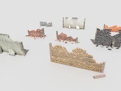 8 broken walls pack Low-poly 3D model