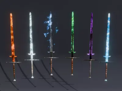 Set of 6 Elemental Great Swords  - Fantasy medieval weapon  Low-poly 3D model