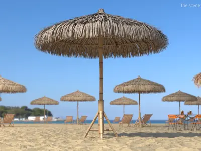Straw Beach Umbrella with Bamboo Support 3D model