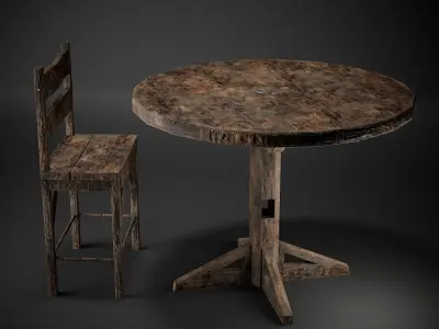 Medieval Tavern Style High Table and Chairs Low-poly 3D model