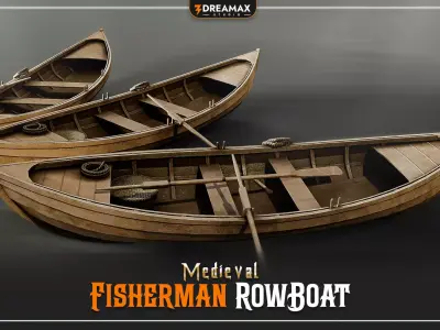 Medieval Fisherman Rowboat -  Wooden Fishing Boat Low-poly 3D model