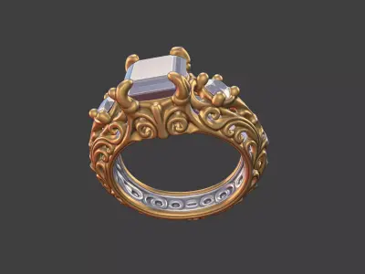 Ornate scrollwork silver and gold square faceted gemstone ring 3D print model
