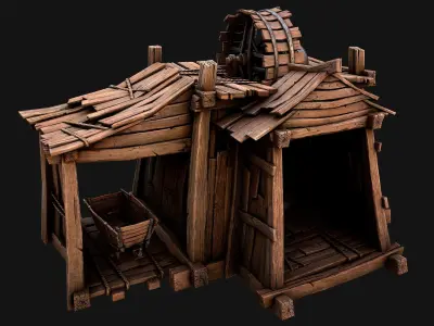 Medieval Mine Steampunk and Mining Cart Low-poly 3D model