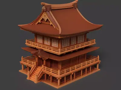 Chinese ancient wooden house   Low-poly 3D model