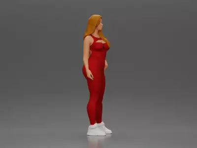 woman in red bodysuit striking a fashionable pose with sneakers 3D print model
