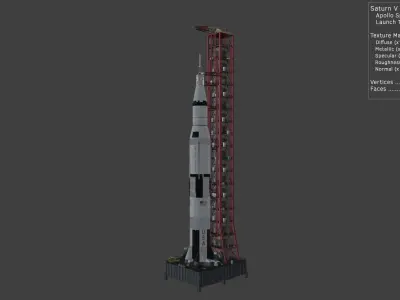 Saturn V Launch Vehicle with Apollo Spacecraft and Launch Tower 3D model