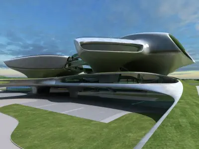 Museum 2 futuristic building in middle of grassy field 3D model