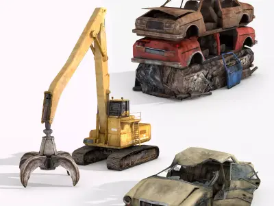 Damaged Rusted Cars with Grab Crane - Junkyard Part 2  Low-poly 3D model