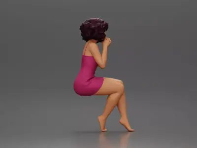 Woman in Pink Dress Sitting with Hands on Chin 3D print model