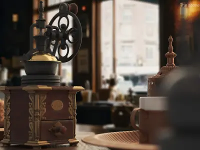 Retro Cast Iron Coffee Grinder on Carved Wood Chest Brown Gold Rigged 3D model