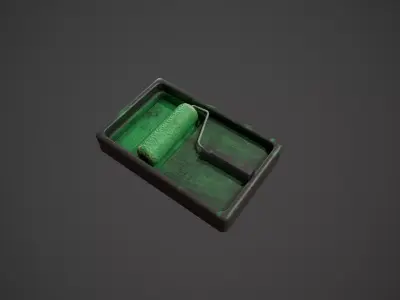 Paint Roller and Tray - Green Paint Low-poly 3D model