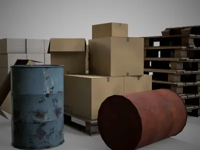 Set of different materials boxes  pallets  blocks barrels Low-poly 3D model