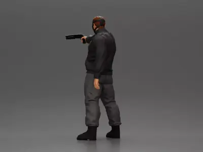 Masked man in black jacket aims shotgun with determined gaze 3D print model