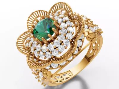 Fancy Flower Cluster Ring Big Stone Openwork Band STL CAD  3D print model