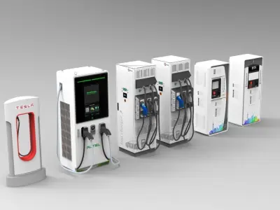 Set of fuel pumps and electric charging point 3D model