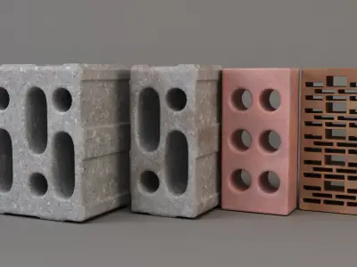 Set of bricks of different sizes and materials Low-poly 3D model