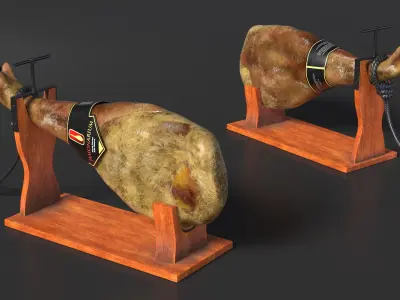 Iberico Ham Leg on Wooden Carving Stand 3D model