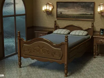 Vintage Bed and Nightstand Low-poly 3D model