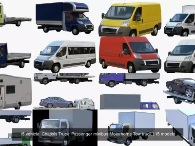 15 vehicle  Chassis Truck  Passenger minibus Motorhome Tow truck 3D Model Pack