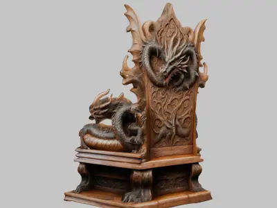 Medieval Fantasy Wooden Carved Dragon Throne Low-poly 3D model
