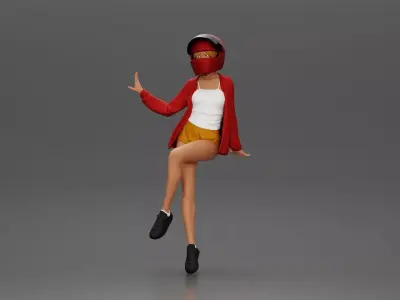 woman in Red Jacket and Helmet Sitting on the Motorbike 3D print model
