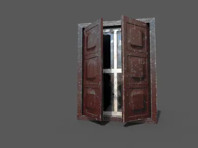 Old Red wood windows Low-poly 3D model