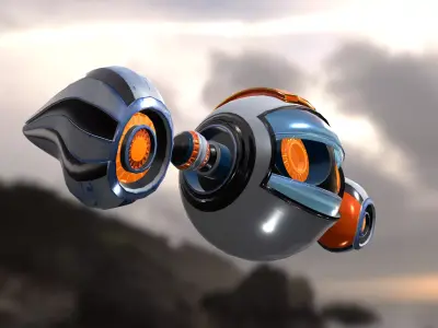 Robot Low poly 3D model futuristic spaceship flying in sky Low-poly 3D model