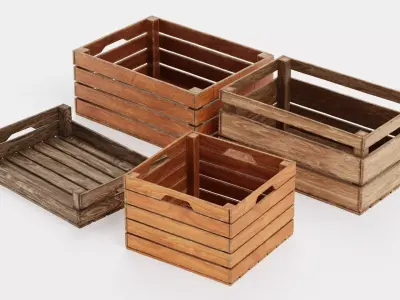 Wooden Boxes - 4 Open Slatted Storage Crates 3D model