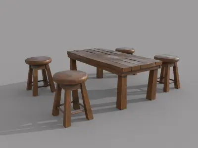 Wooden Stool and Table Low-poly 3D model