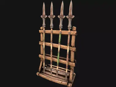 Medieval Wooden Spear Rack Weaponry Armory Set Low-poly 3D model