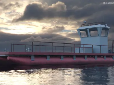 Industrial Cargo Boat with Control Cabin and Motor Red 3D model