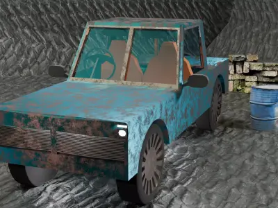 Stylized Low-Poly Rusty Pickup Truck - Fully Procedural Material Low-poly 3D model