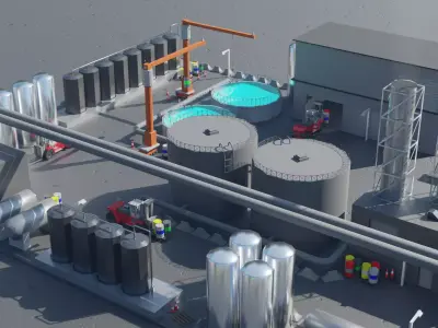 Industial Plant with Detailed Equipment and Vehicles Low-poly 3D model