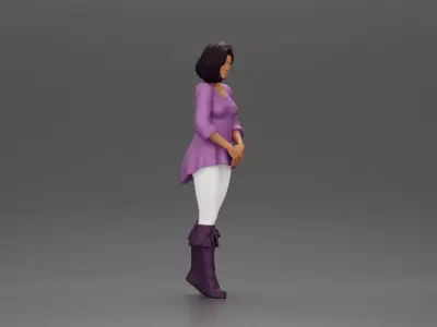 Confident woman in purple top and boots with white leggings 3D print model