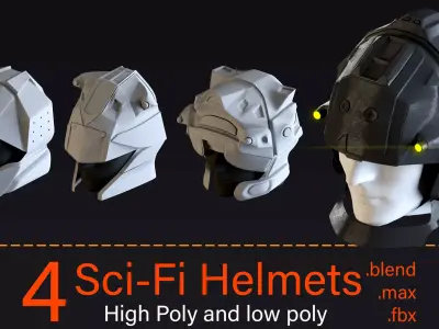 4 Sci-Fi Helmets-High poly and Low poly 3D model