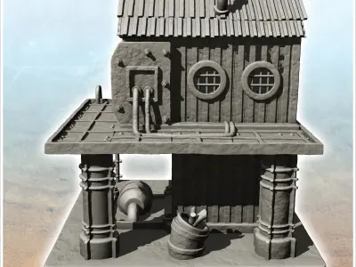 Post-apocalyptic building on two levels with supply pipes -4- 3D print model