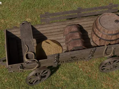Wooden horse-drawn wagon Low-poly 3D model