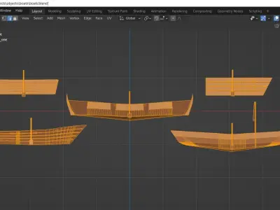 Wooden boats with separate oars Low-poly 3D model