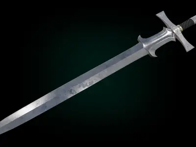 Silver two-handet fantasy long sword Low-poly 3D model