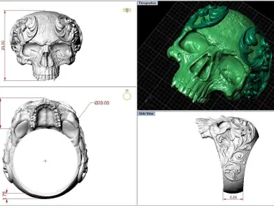 Silver Skull Oxidized Ring Baroque Style 3D print model