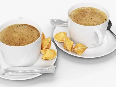 Hot Coffee Cup with Chocolate Stick and Cookies 3D model