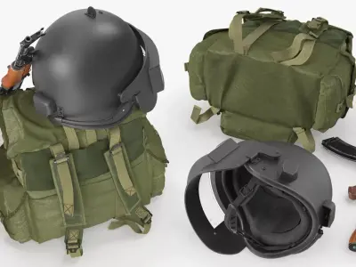 Armor Helmet with Ak-47 Rifle and Tactical Backpack 3D model purchase
