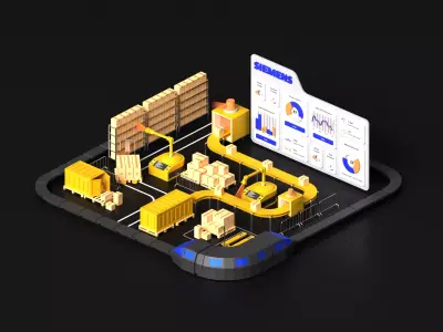 Lowpoly logistics hub warehouse with conveyors and dashboard 3D model
