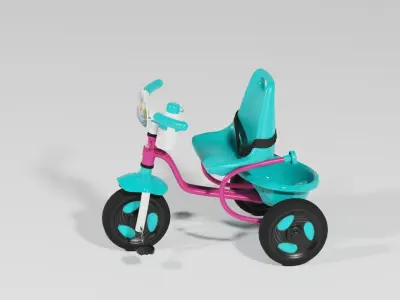 Kids toy tricycle turquoise and pink  colour S Low-poly 3D model