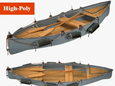 Boat with oars high-poly 3D model