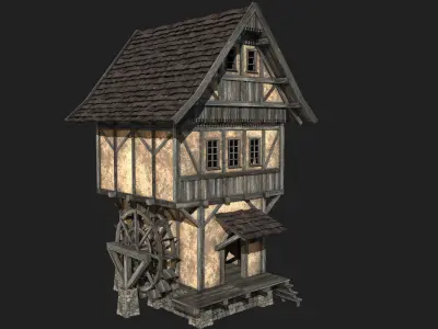  FANTASY WATERMILL MEDIEVAL BUILDING HOUSE HUT TOWN COLLECTION Low-poly 3D model