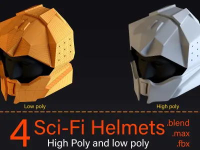 4 Sci-Fi Helmets-High poly and Low poly 3D model