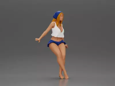 Stylish woman sitting casually in a white top and blue skirt 3D print model